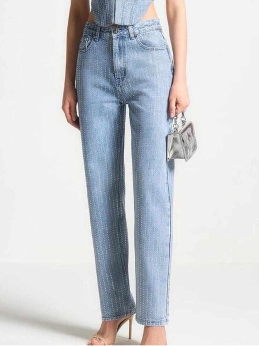 Light Blue Straight-Leg Jeans with Subtle Rhinestone Detailing